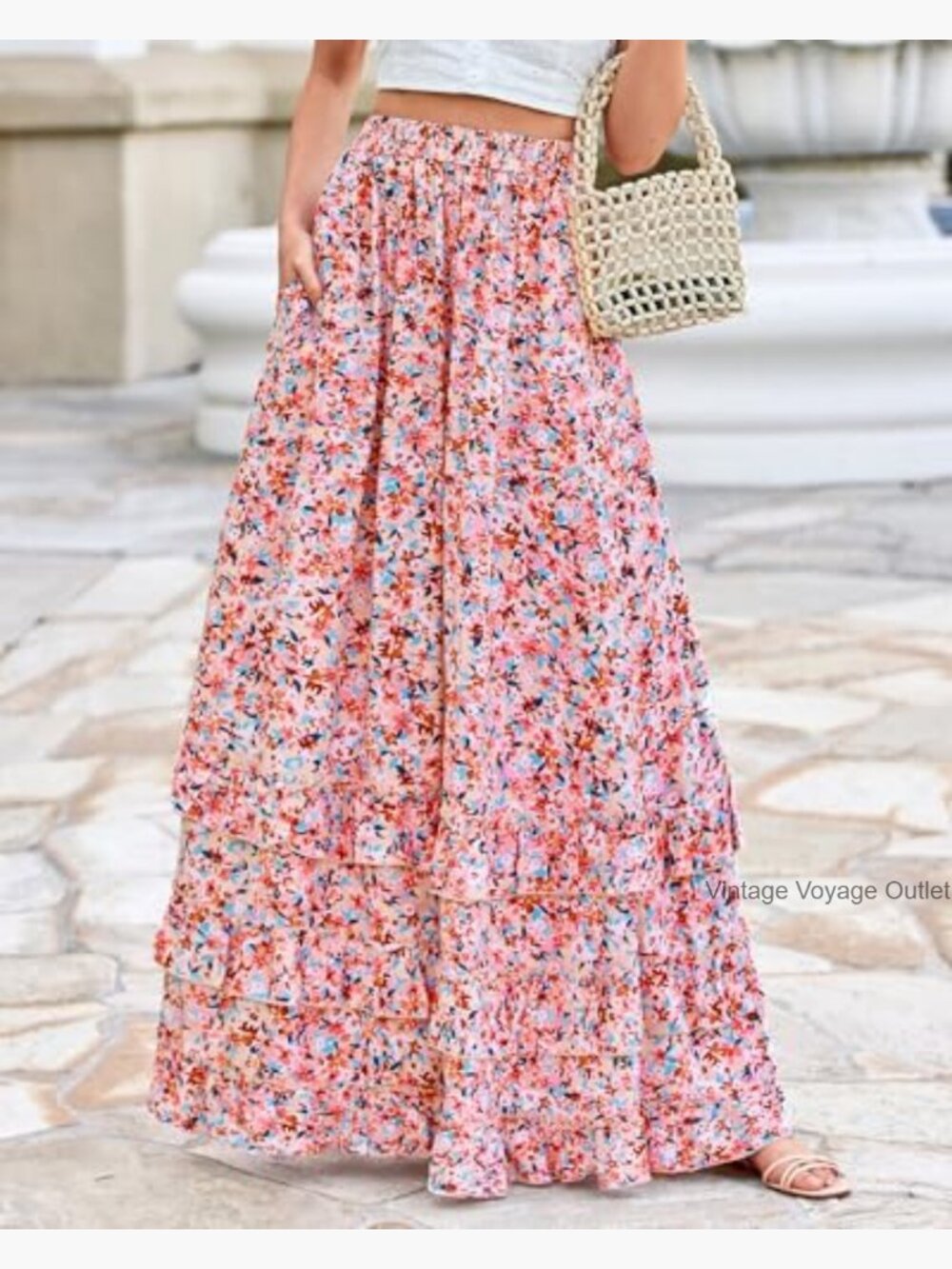 Maxi Skirt with Elastic Waist Floral A-Line Ruffle Tiered Wedding Guest - Picture 4 of 7